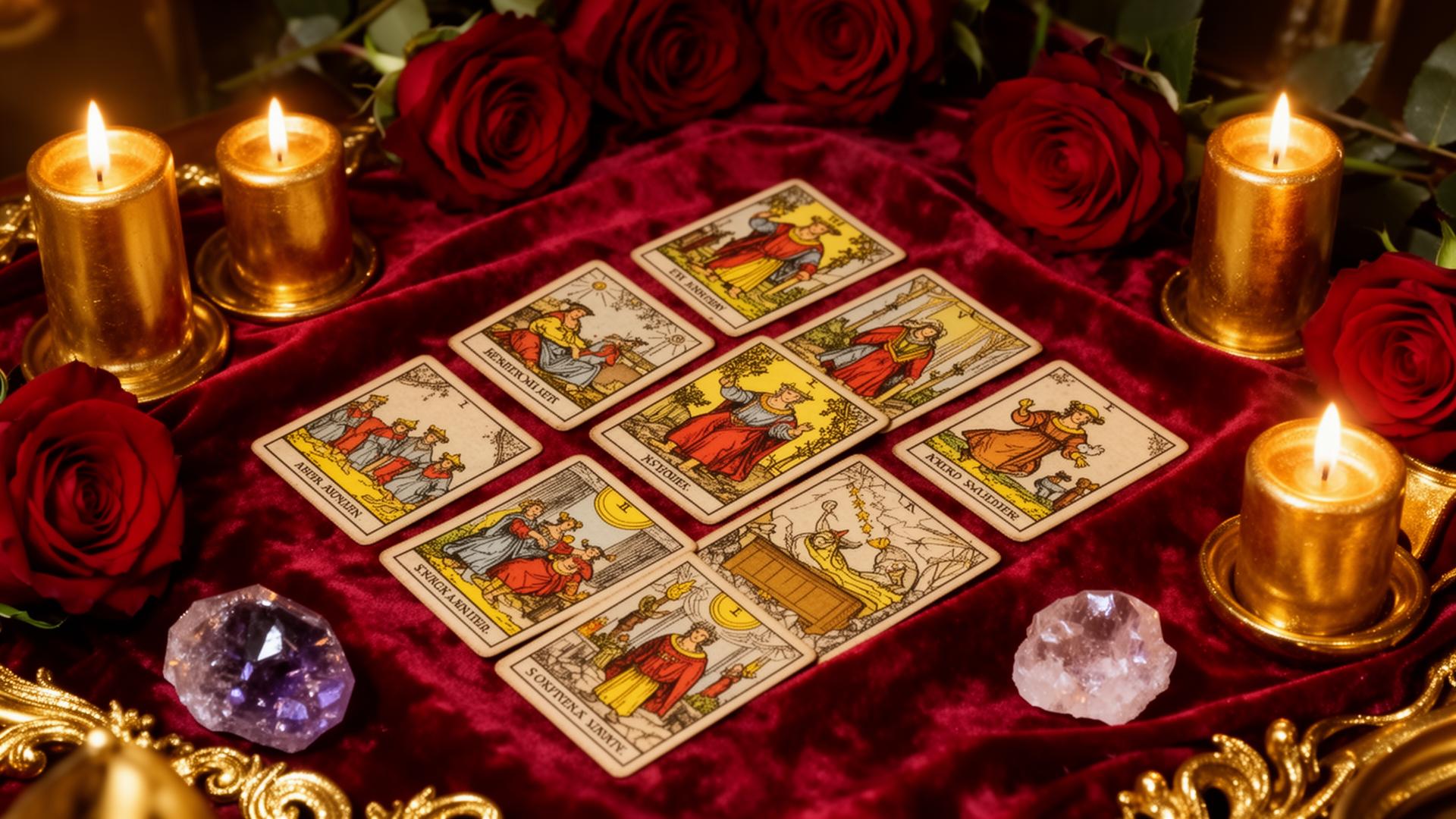 Mesa de leitura com cartas de tarô, rosas vermelhas, velas douradas e cristais
